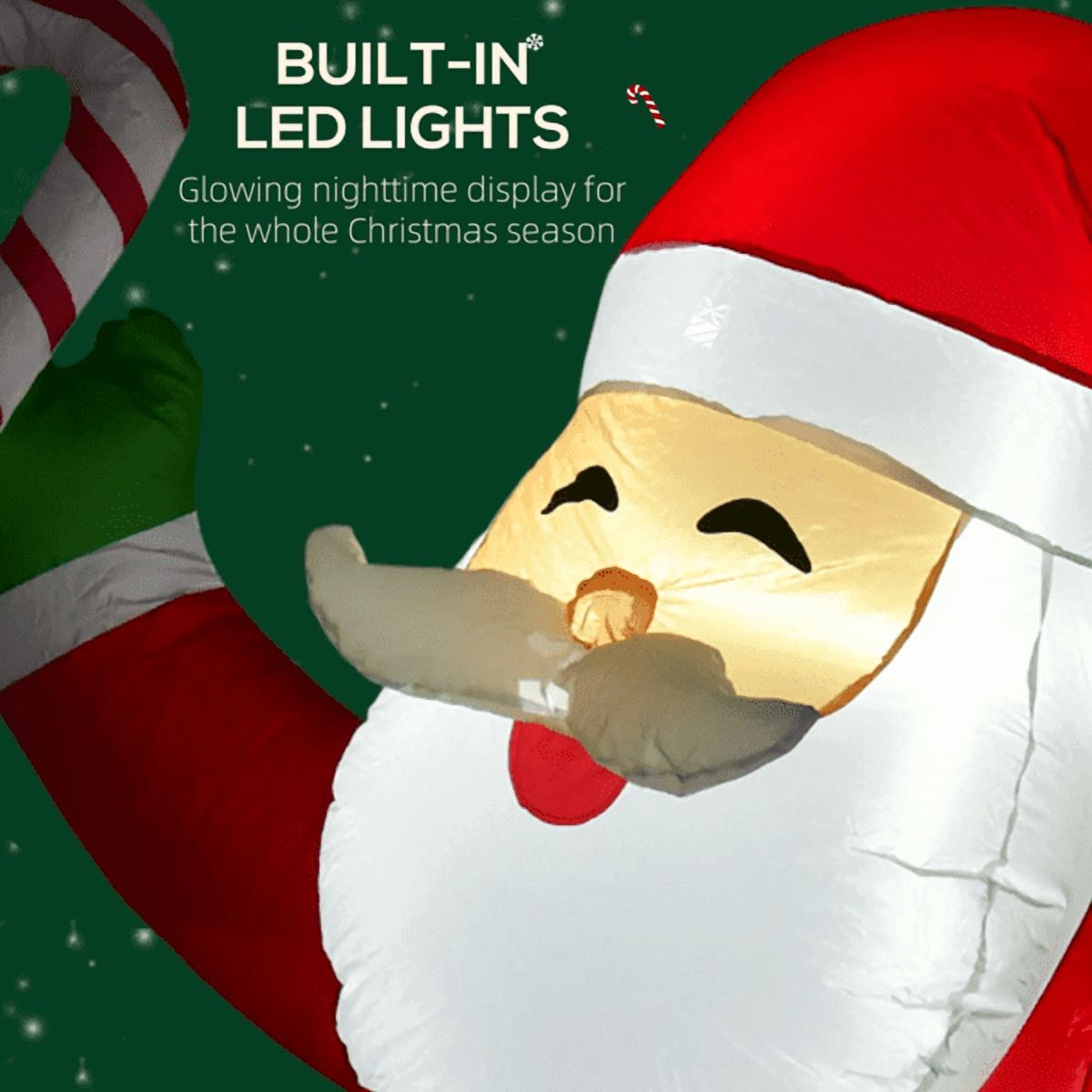 8FT Inflatable Santa Claus with Candy Cane - 2 Sets Warm White LEDs, Weather-Resistant Polyester, 9.8ft Cord, Indoor/Outdoor Holiday Decor