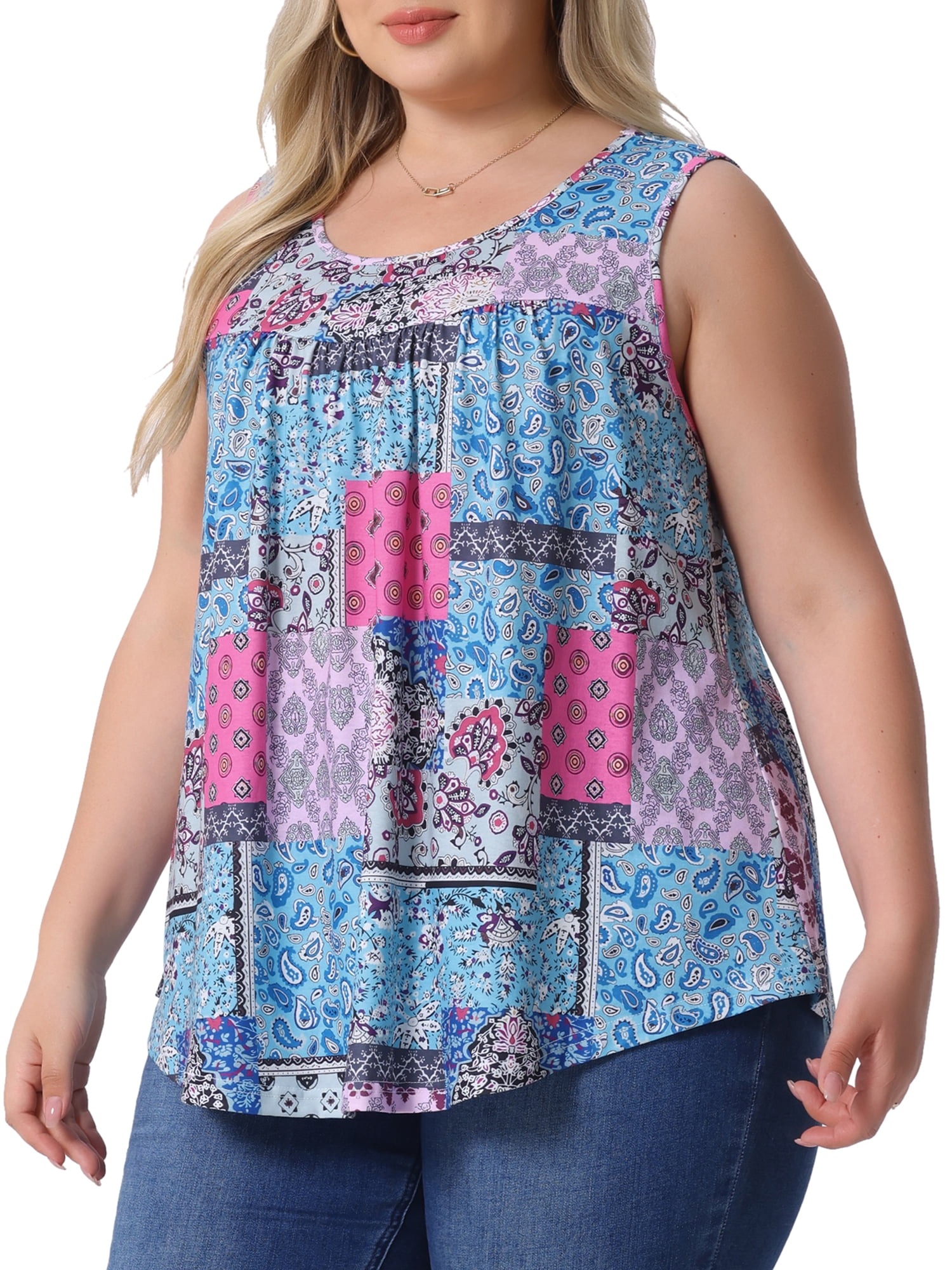 DARING DIVA Women's Plus Crew Neck Boho Pleated Curved Hem Tank Top Blouse 3X Blue