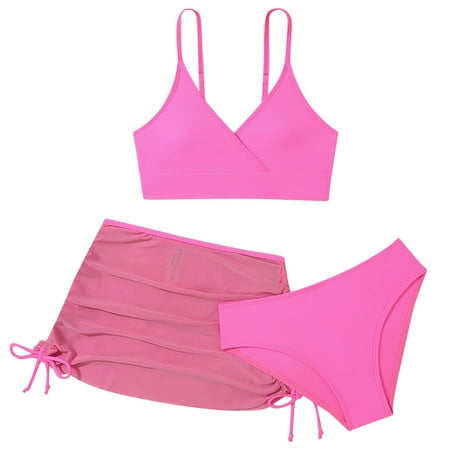 REDARER Girls  3-Piece Swimsuit Set with Bikini  Ruched Cover-Up & Wrap Skirt  Plain Design for Summer  Beach  and Pool Size 8-9 Years