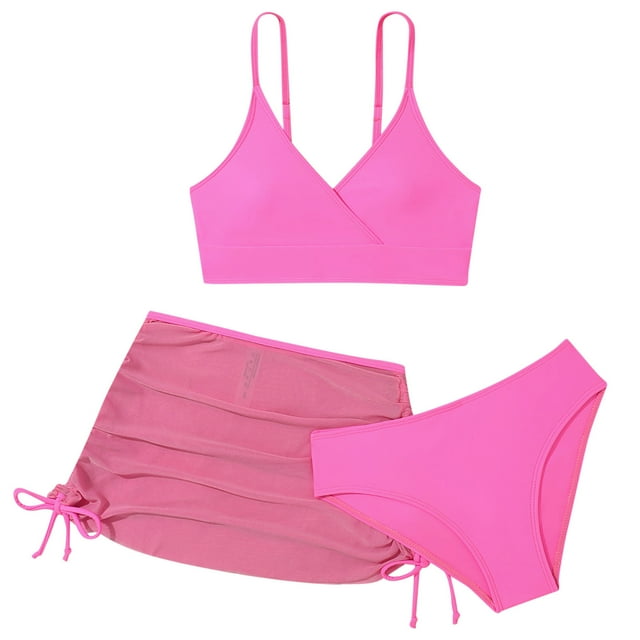 2025 3 Piece Plain Swimsuit Wrap Bikini With Bikini Swimsuit Ruched Cover Up Skirt Bathing Suit Set