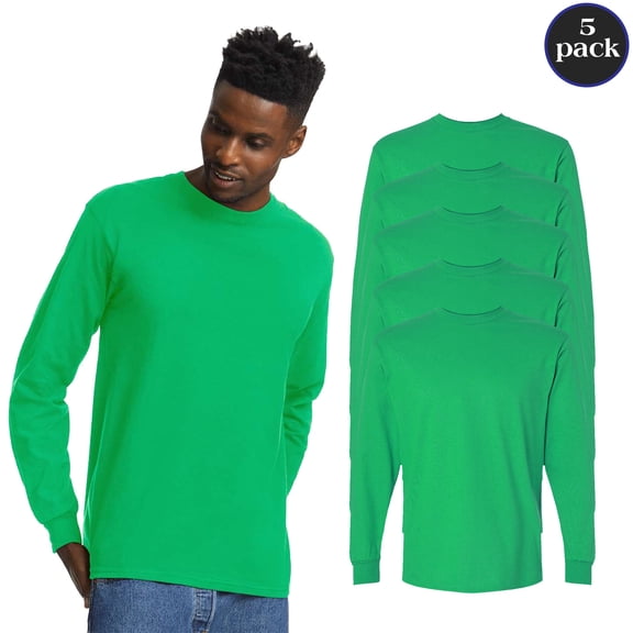 Gildan Men’s Ultra Cotton Long Sleeve T-Shirt 2400, Ribbed Collar Bulk 5 Pack Tee, Irish Green, S
