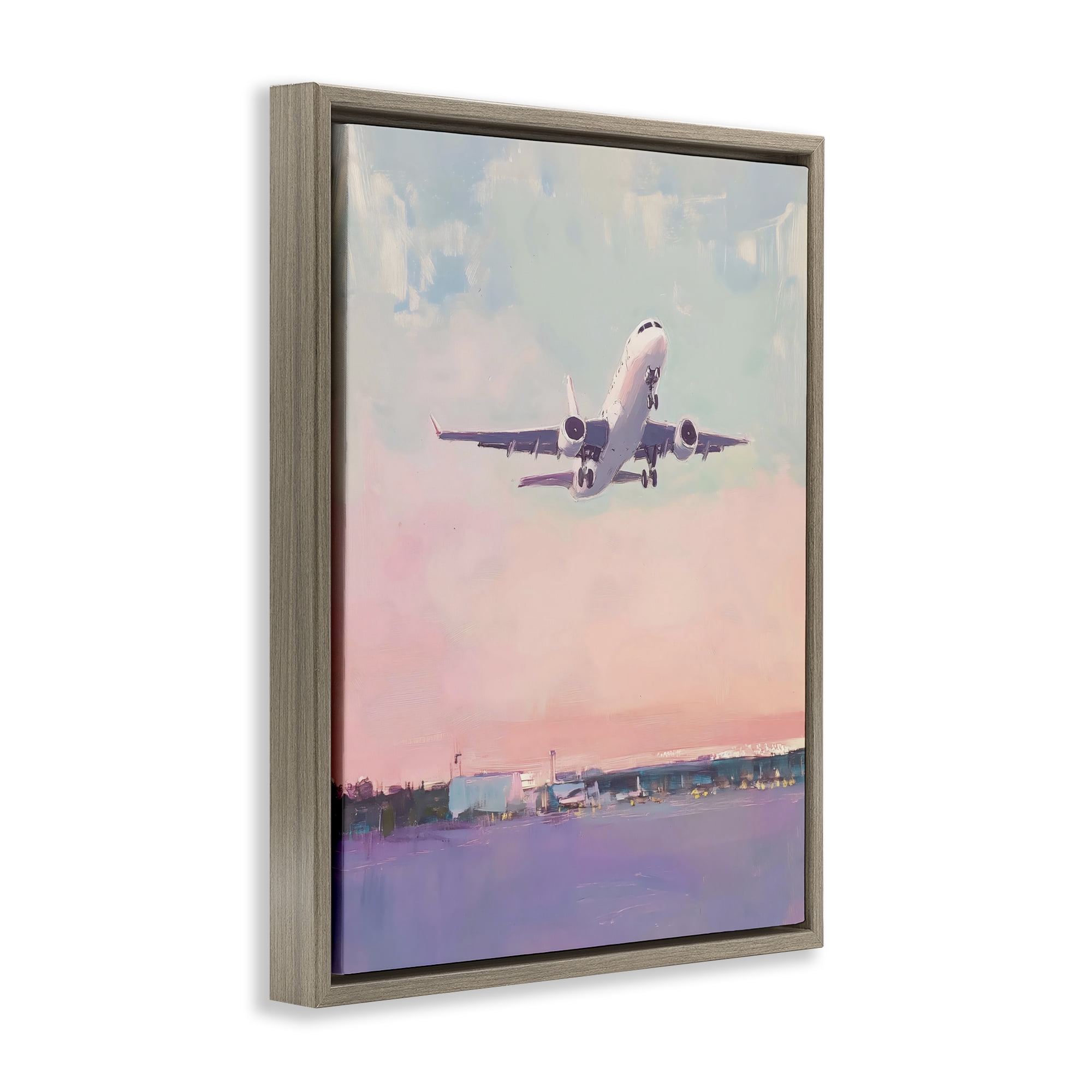 Stupell Industries Airplane Takeoff into Pastel Skies Brown Framed Floater Canvas Wall Art, design by The Prints Vibe