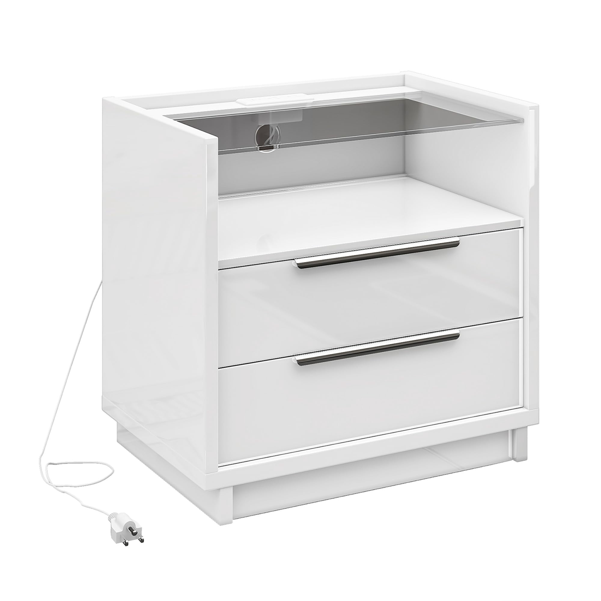 Papajet 23.6" Nightstand Set of 2, High Gloss End Table with Glass Tabletop, Modern Bedside Table with Charging Station for Bedroom, Cream & Gray