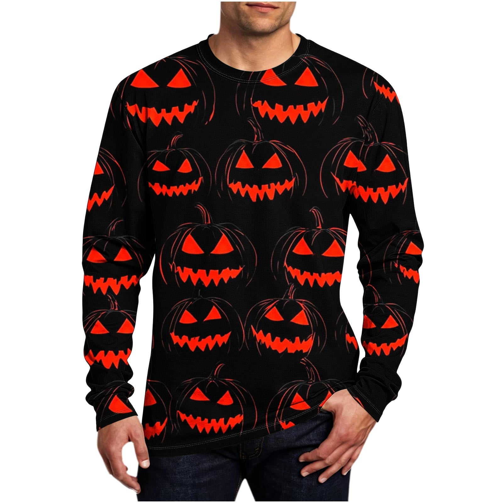 YOIAVAIOY Mens Long Sleeve Fashion T-shirts Halloween Graphic Tees Lightweight Loose Fit Shirts Casual Season Party Pullovers Black XXXXXL