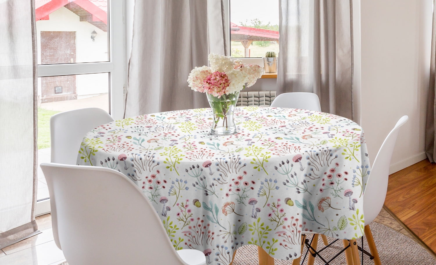 Colorful Round Tablecloth, Pastel Toned Watercolor Arrangement with