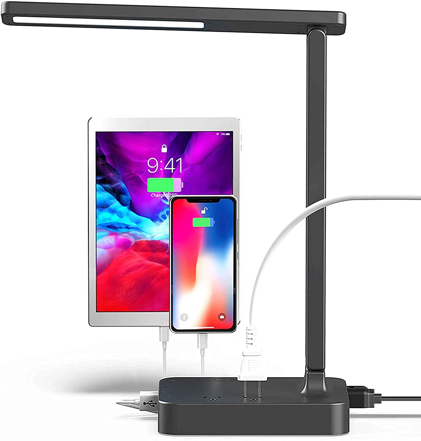 2 Pen Holder-Black COZOO LED Desk Lamp with 2 USB &1 Type C Ports &1 AC Outlets and 2 Pen Holders,3 Color Temperatures & 3 Brightness Levels Touch/Memory/Timer Function,10W Eye Protection Foldable Reading Light