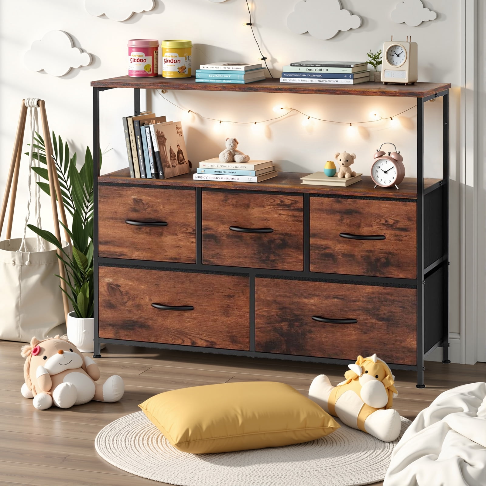 Atilioo 5 Drawer Dresser, Fabric Storage Chest with TV Stand, Open Shelf, Adjustable Feet, Bedroom or Living Room, Brown