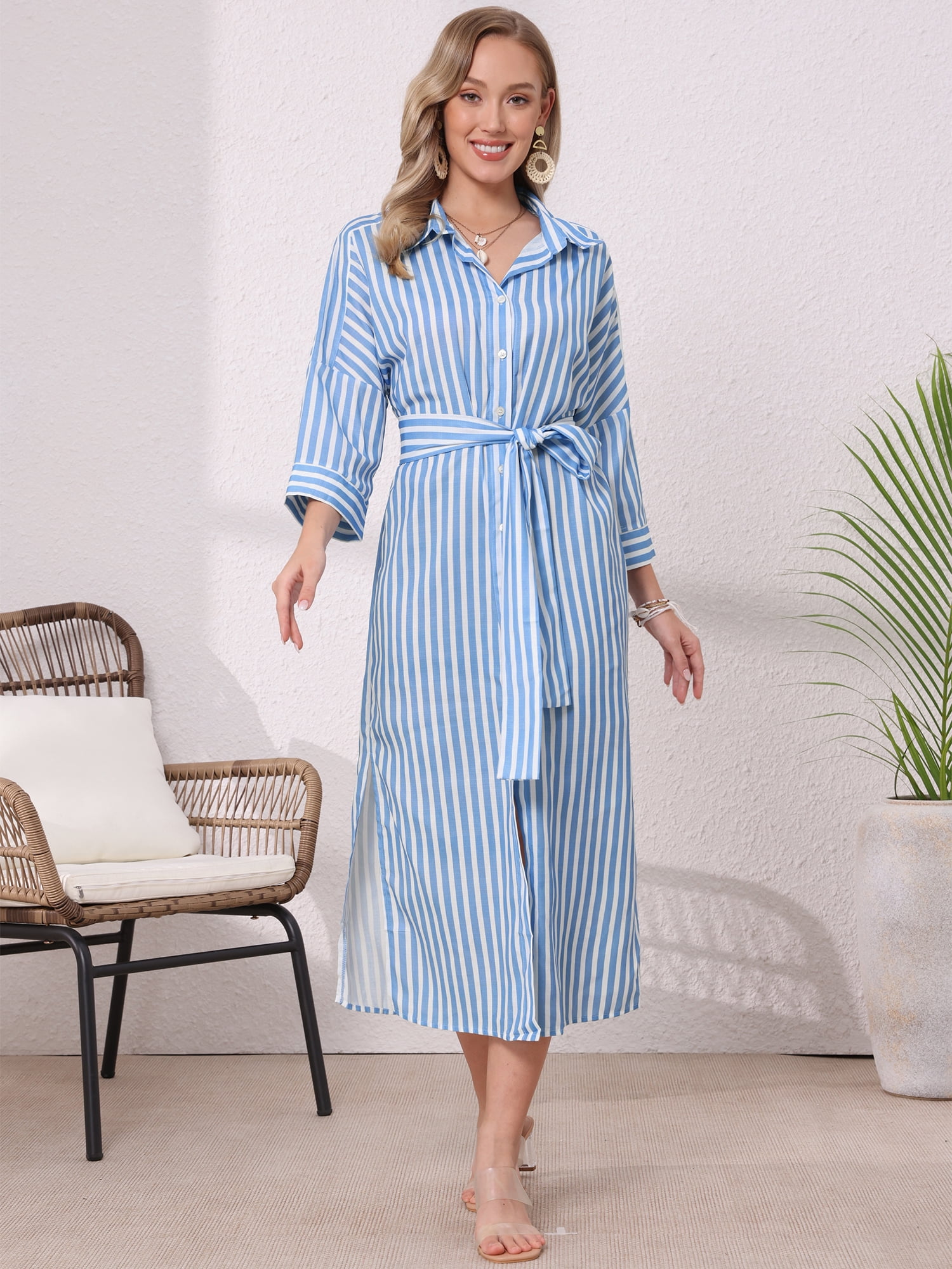 DARING DIVA Women's Stripe 3/4 Sleeve Button Down Split Belted Midi Shirtdress L Blue