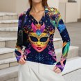 thumbnail image 6 of Womens Mardi Gras Shirts Carnival Feathers Print Long Sleeve Blouse Sequins V Neck Green Tunic Tops Dark Blue L, 6 of 7