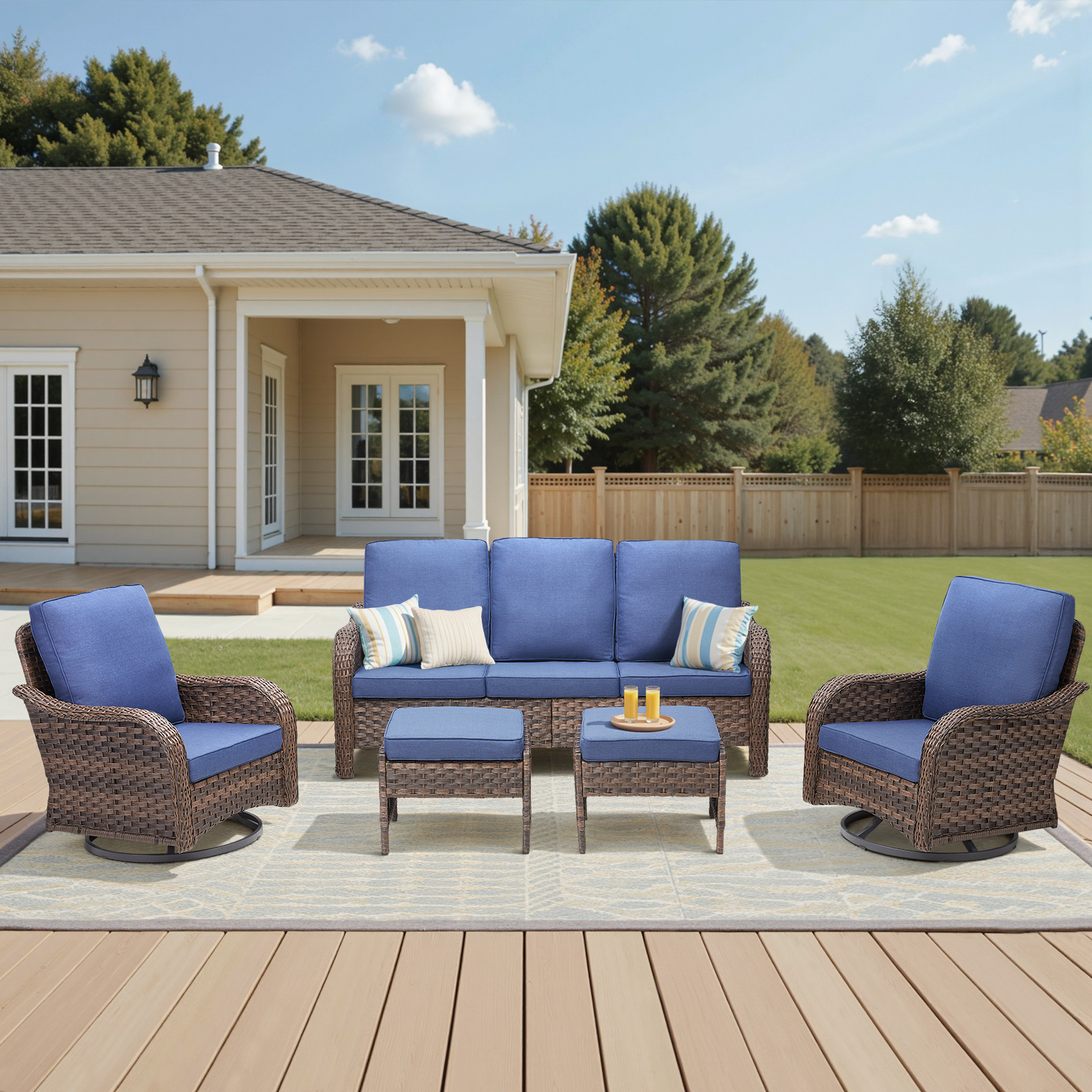 Lumiinofami Patio Wicker Furniture Set of 5, Outdoor Swivel Rocking Chairs and Ottomans Set with Blue Cushions for Porch Garden Balcony