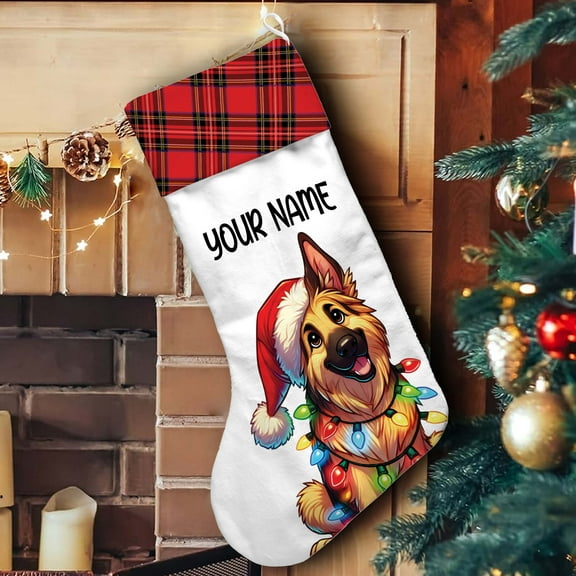 Lotusprinthandmade Personalized German Shepherd Dog Christmas Lights Stocking (M), german shepherd dog stocking, dog christmas stocking