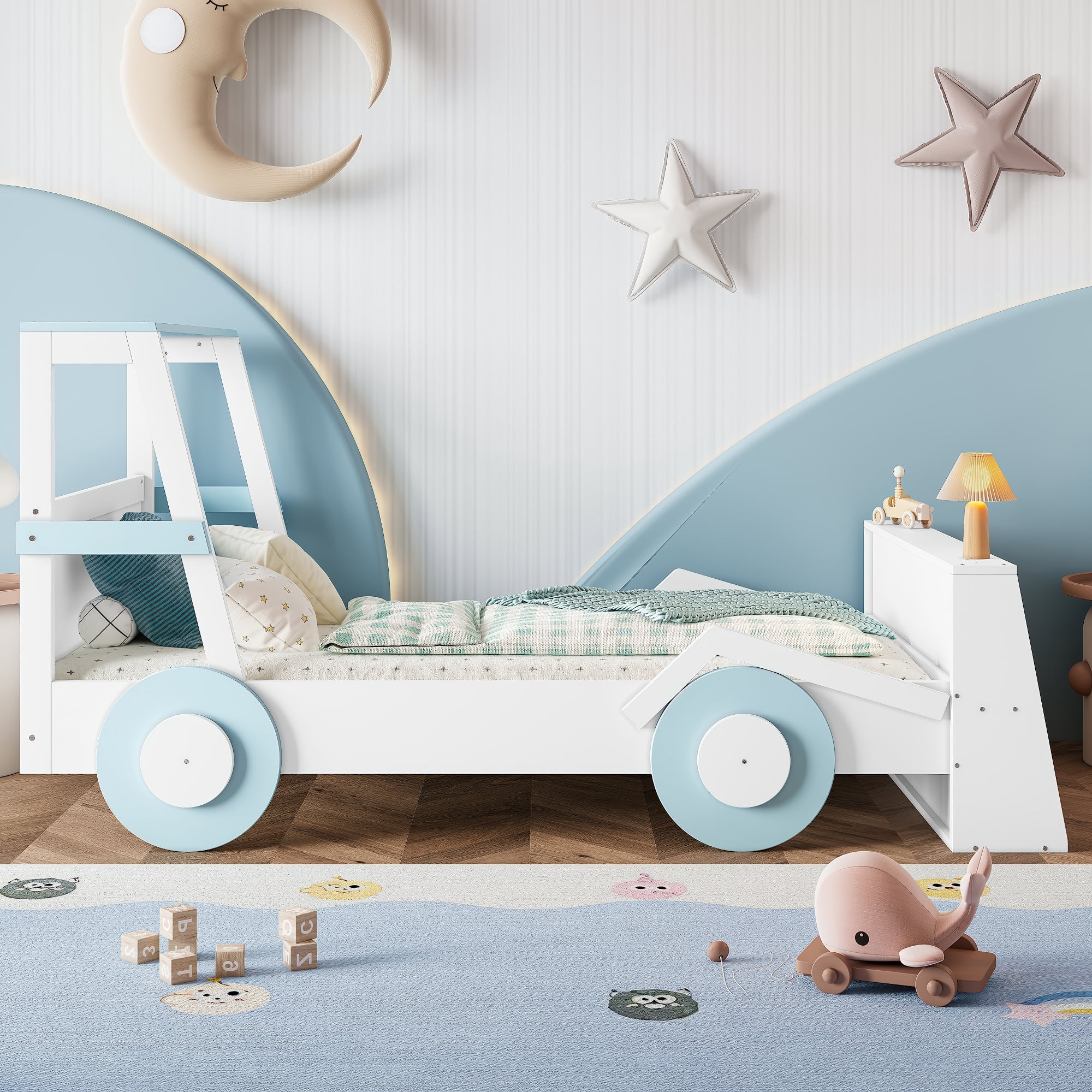 Mintazer Twin Car-Shaped Bed with Storage Shelves, Kids Platform Bed with Safety Rails for Toddler Bedroom, White & Blue