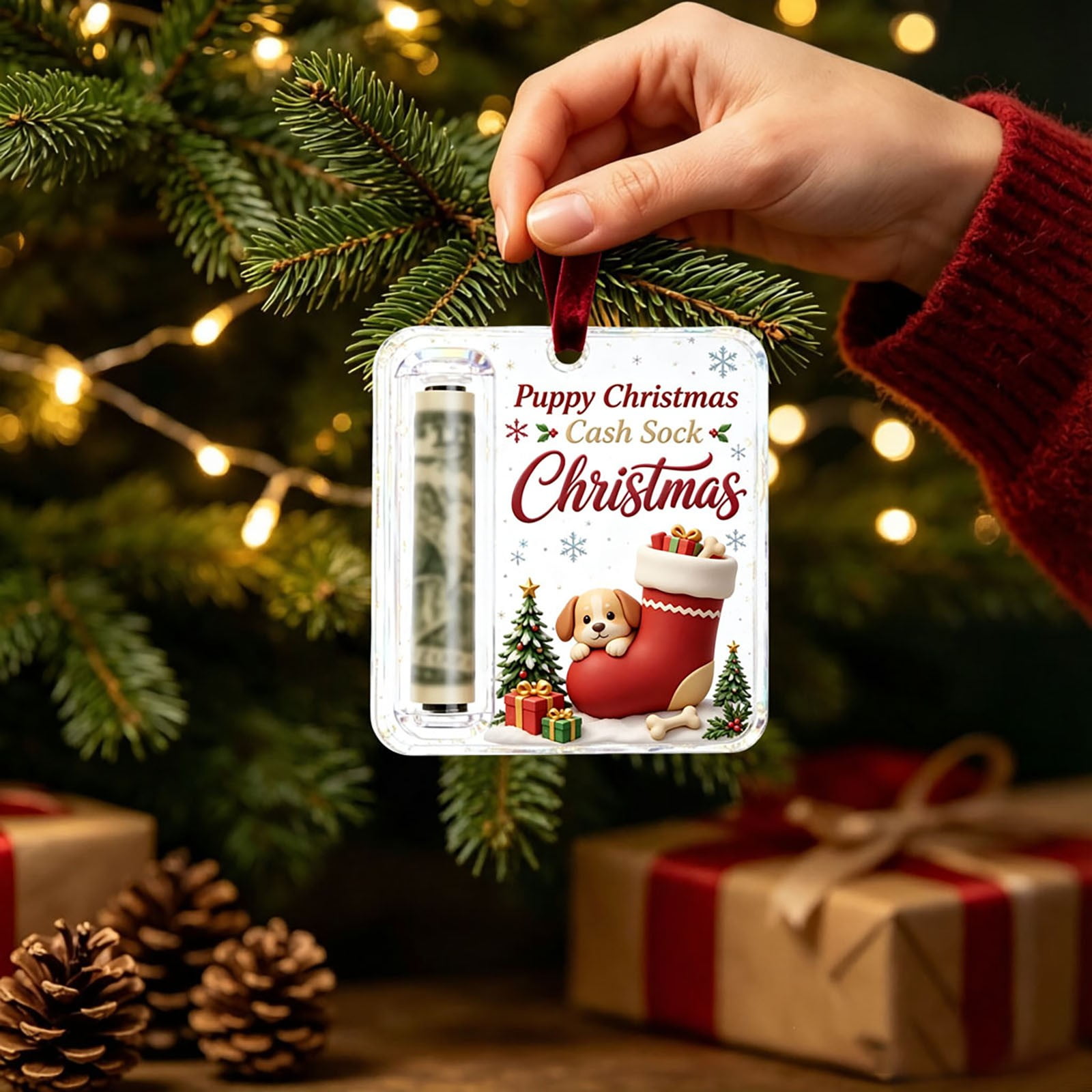 Zguuel Christmas Money Ornament Clear Acrylic Cash Gift Card Wallet Holder Pendant for Tree Holiday Decoration