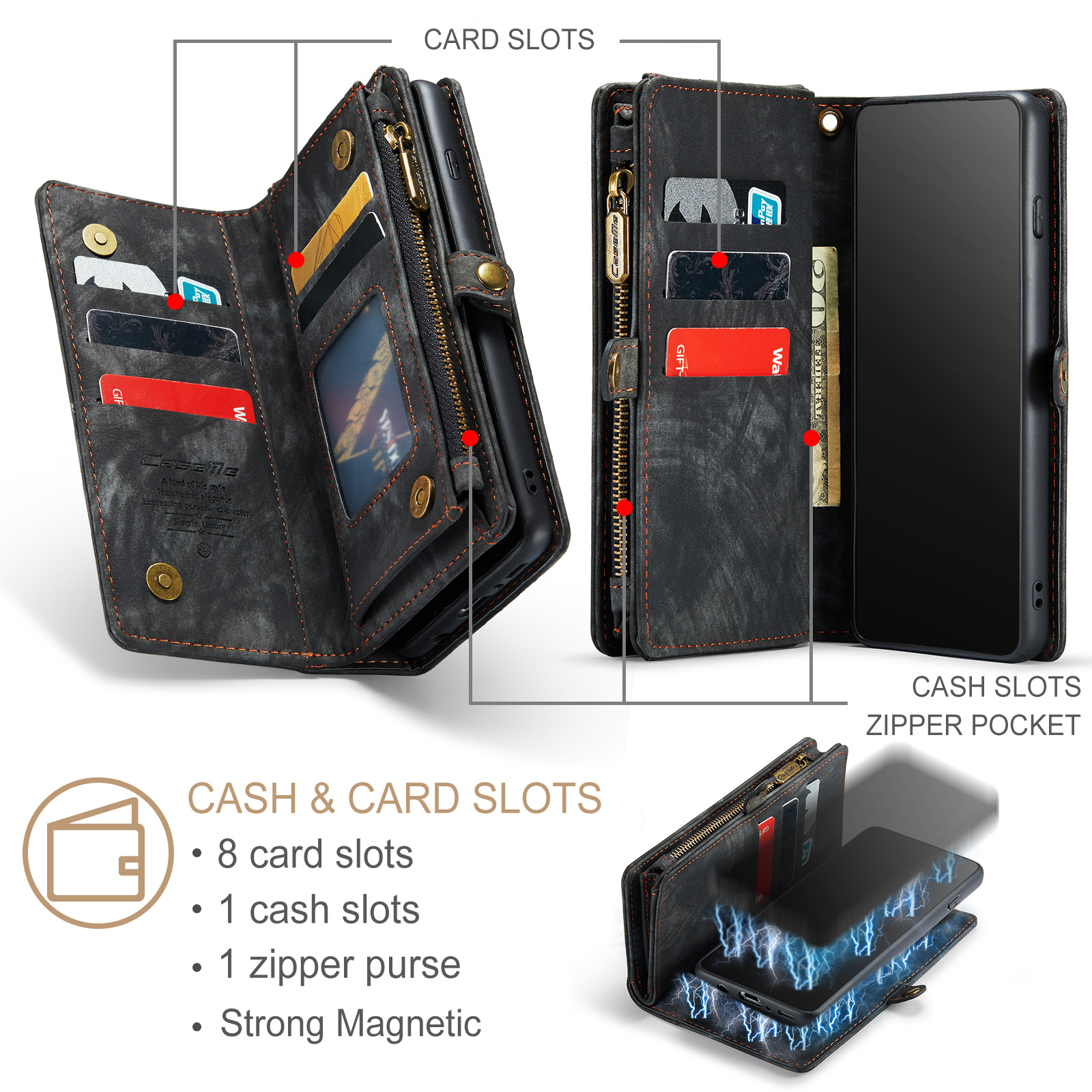 For Samsung Galaxy S10 Wallet Case,Multi-Functional Retro Leather Purse Flip Cover Zipper Wallet Case with Removable Card Slots Pocket & Detachable Wrist Strap Magnetic Phone Case, Black