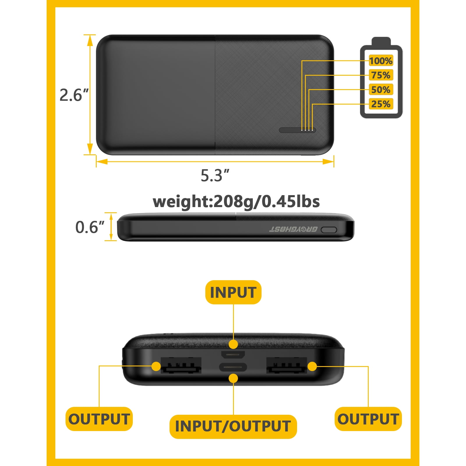 USB-C Portable Battery Charger, 50000mah Power Bank - Black, Ultra-Compact, Fast Charging for iPhone, Samsung and More