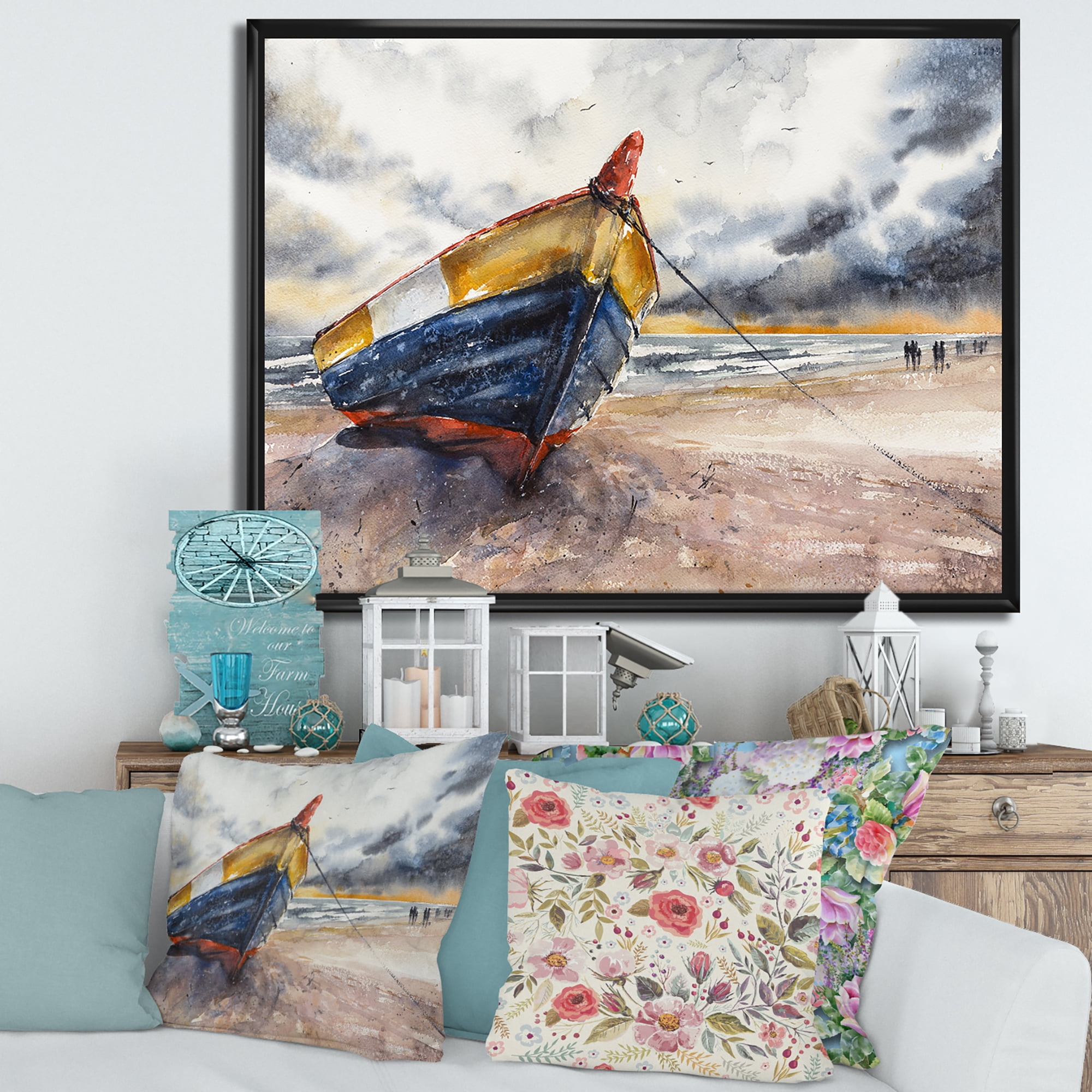Designart 'Wooden Boat On The Baltic Shores At Evening Glow' Nautical & Coastal Framed Canvas Wall Art Print