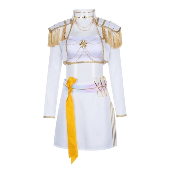 Pop Idol Cosplay Costume, White Gold Stage Outfit with Crop Top, Mini Skirt, Epaulet Fringe and Chain, Adult Halloween Costume for Halloween Party, L