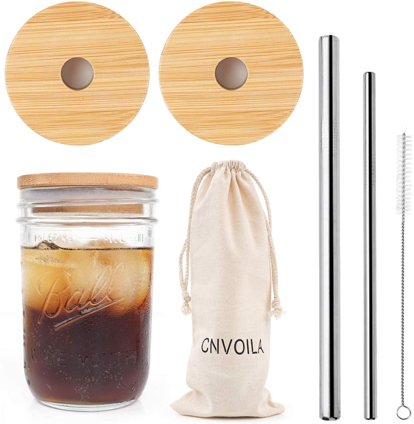 Mason Jar Lids with Straw Set, ECO Reusable Bamboo Wide Mouth Mason Jar