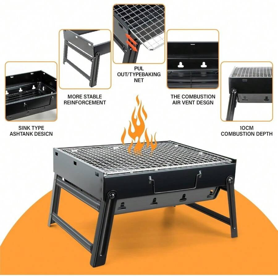 BBQ Barbecue Grill, Portable Folding Charcoal Barbecue Desk Tabletop Outdoor Stainless Steel Smoker BBQ For Picnic Garden Terrace Camping Travel