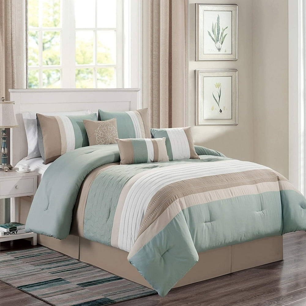 Sapphire Home Luxury 7 Piece Full/Queen Comforter Set with Shams BedSkirt Cushions, Mint Green