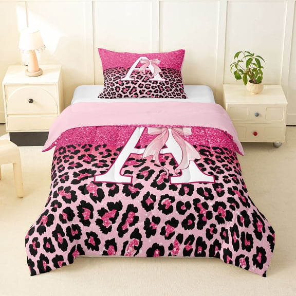 Manfei Cute Letter A Twin Comforter Sets,Pink Leopard Print Bedding Set,Pink Reversible,2pcs,1 Comforter and 1 Pillowcase