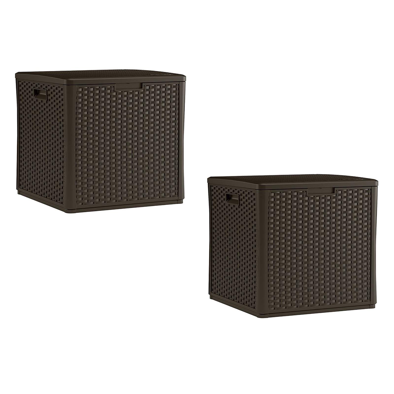 Suncast 60 Gallon Resin Wicker Design Cube Shape Storage Deck Box, Java, 2 Pack by Suncast