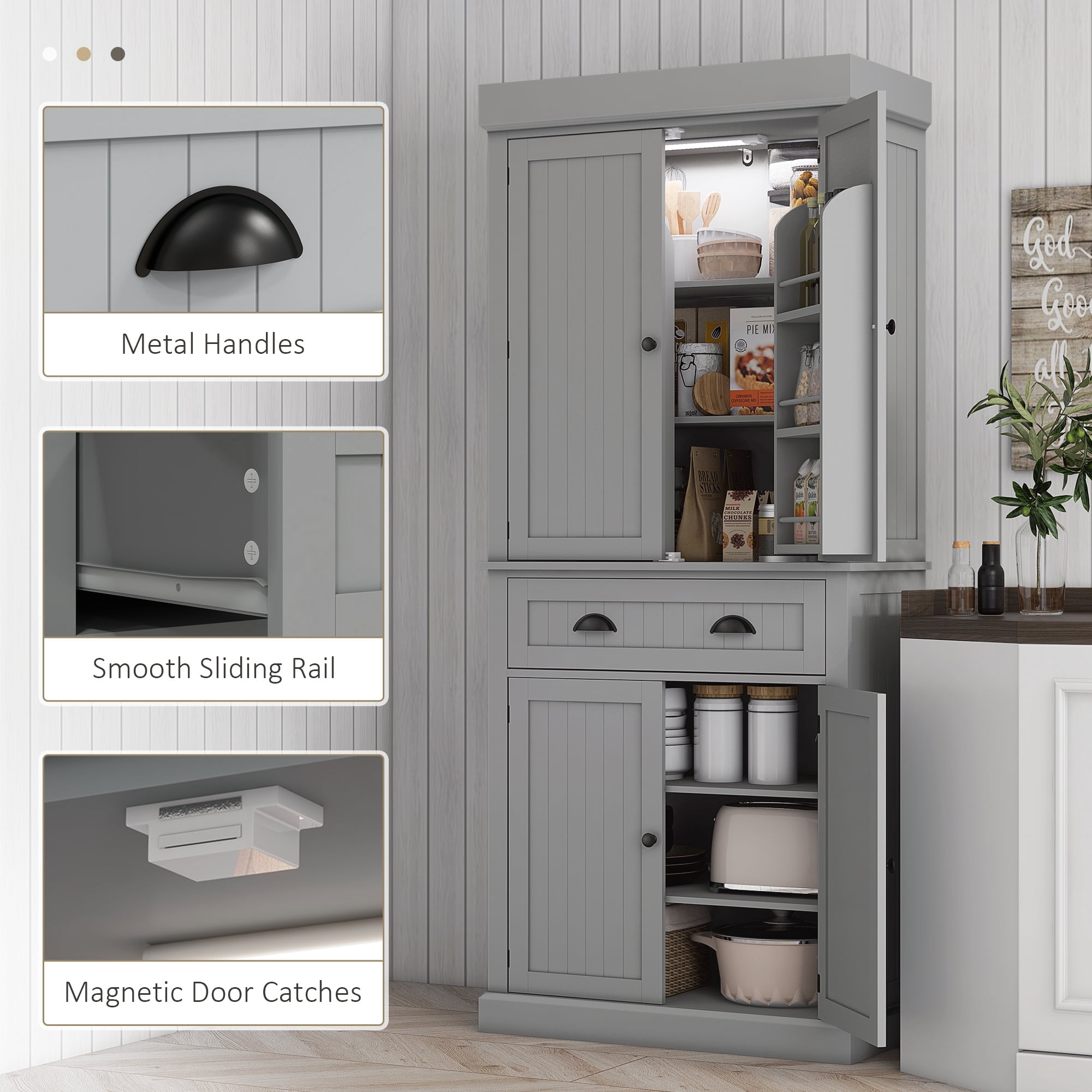 HOMCOM 71" LED Kitchen Pantry Cabinet, Tall Storage Cabinet with 6 Door Shelves, a Drawer and 4 Adjustable Shelves, Gray