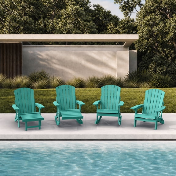 Adirondack Rocking Chair Set of 4 with Retractable Ottoman, 4-in-1 HDPE Wood Texture Adirondack Rocker Patio Rocking Chair for Patio, Porch, Aqua