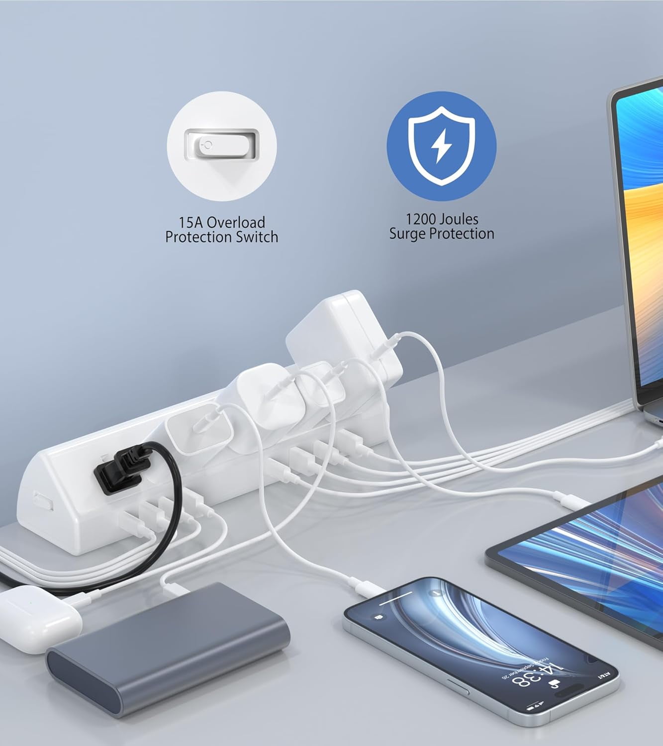 45W Fast Charging Station Desk Clamp Power Strip with 4 USB-C & 4 USB-A Ports, Surge Protector, 1875W Extension Cord, 6 FT, ETL Listed for Home Office Dorm, White