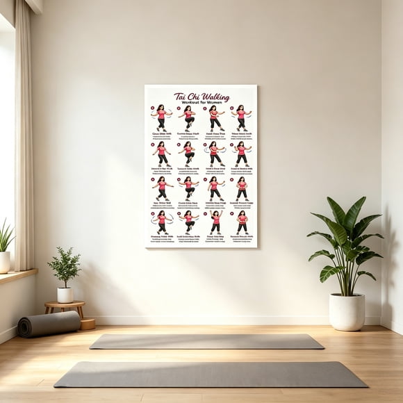 Aufmer Female Tai Chi Practice Wall Chart Daily Qigong Stretch Guide Fitness Instruction Poster decorate home gym and serve elderly daily body exercise reference
