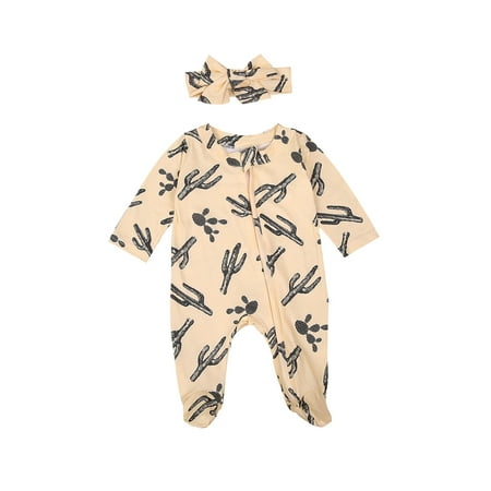 

Multitrust 2 PCS Baby’s Cactus Candy Print Zipper Jumpsuit and Bow Hairband 0-6 Months