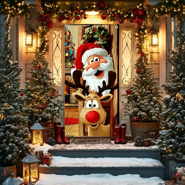 Funda Navideña para Puerta con Diseño de Papá Noel y Renos | Tela de Nailon | 180 X 90 Cm | Multicolor | 1 Unidad
