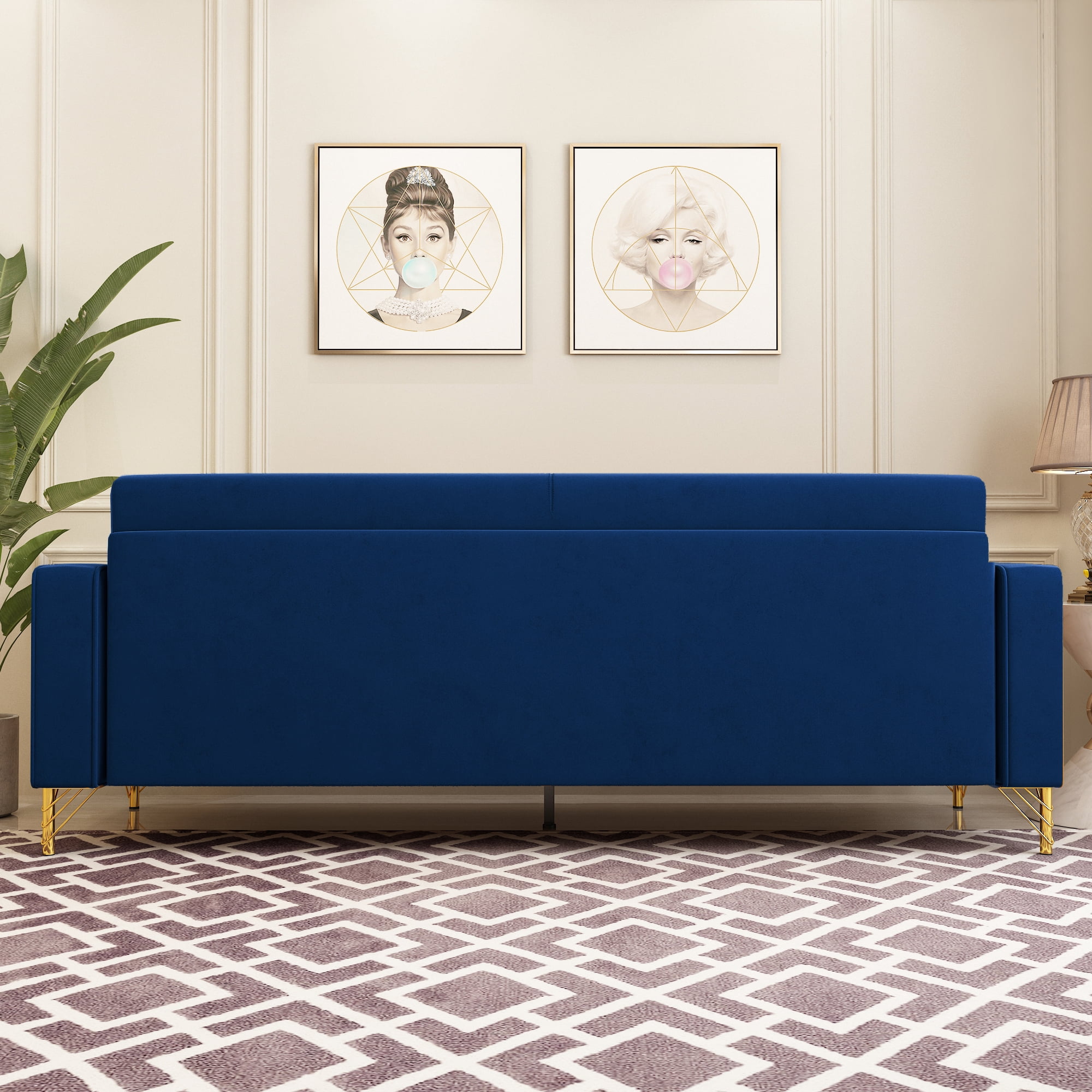 Modern Velvet Upholstered Sofa Couch with Pillows Removable Cushions and Gold Metal Legs for Living Room Office Apartment