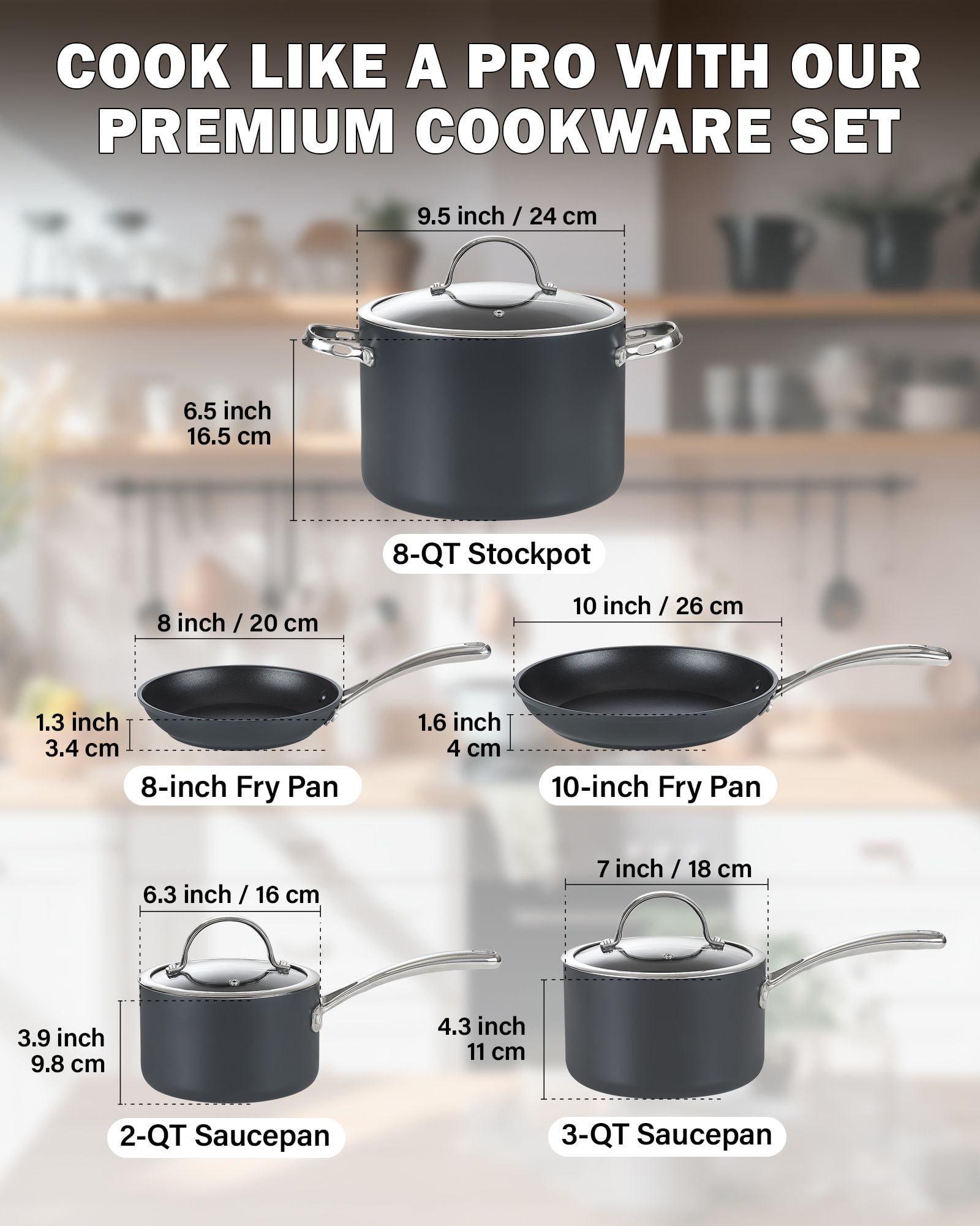 Cooks Standard Classic Nonstick Hard Anodized Cookware Set, Pots and Pans Kitchen Set Includes Saucepans, Stockpot, Frying Pans, Lids, Not Induction, 8-Piece, Black
