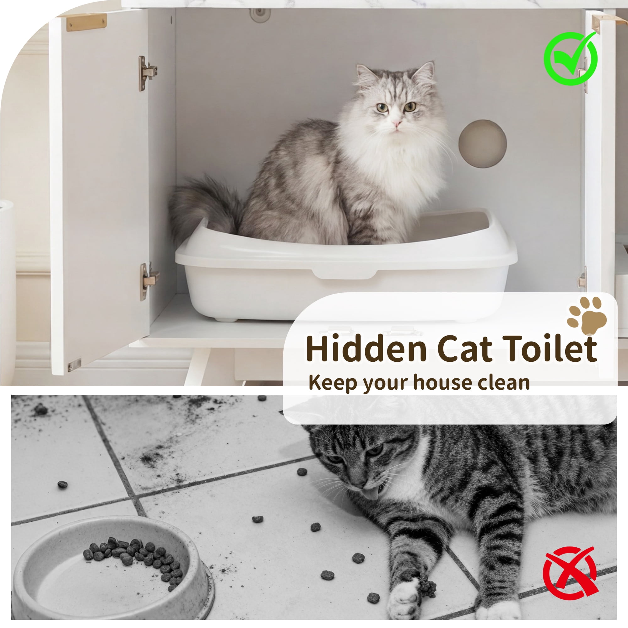 YDN Home Cat Litter Box Enclosure - 31.5 inch Wood Hidden Cat Litter Box Furniture for 2 Cats, Indoors Cats Washroom Cabinet Side Table with Scratching Pad for Living Room & Bedroom,White
