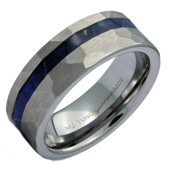 Metals Jewelry Men's / Women's Tungsten Carbide Brushed Finish 8mm Hammered with Blue Wood Inlay Wedding Band, Comfort Fit Ring Size 8