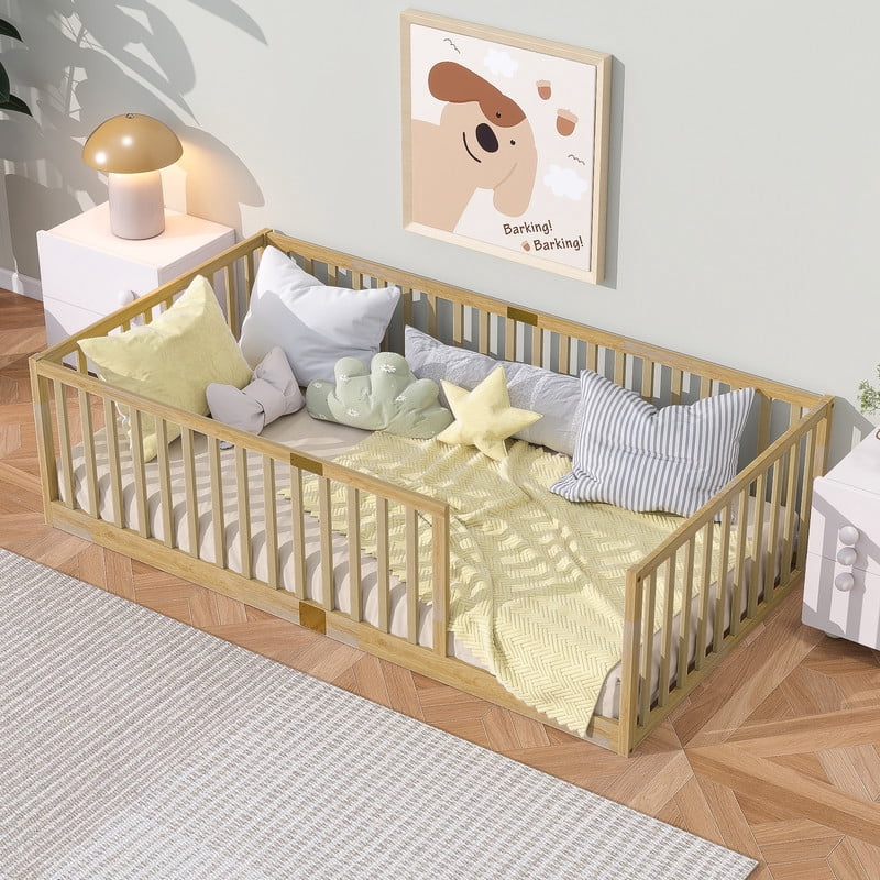 Mirightone Twin Size Wood Montessori Floor Beds with High Fence Railings, Twin Floor Bed with Slats, Twin Playhouse Bed Frame, (Natural&nbsp;)