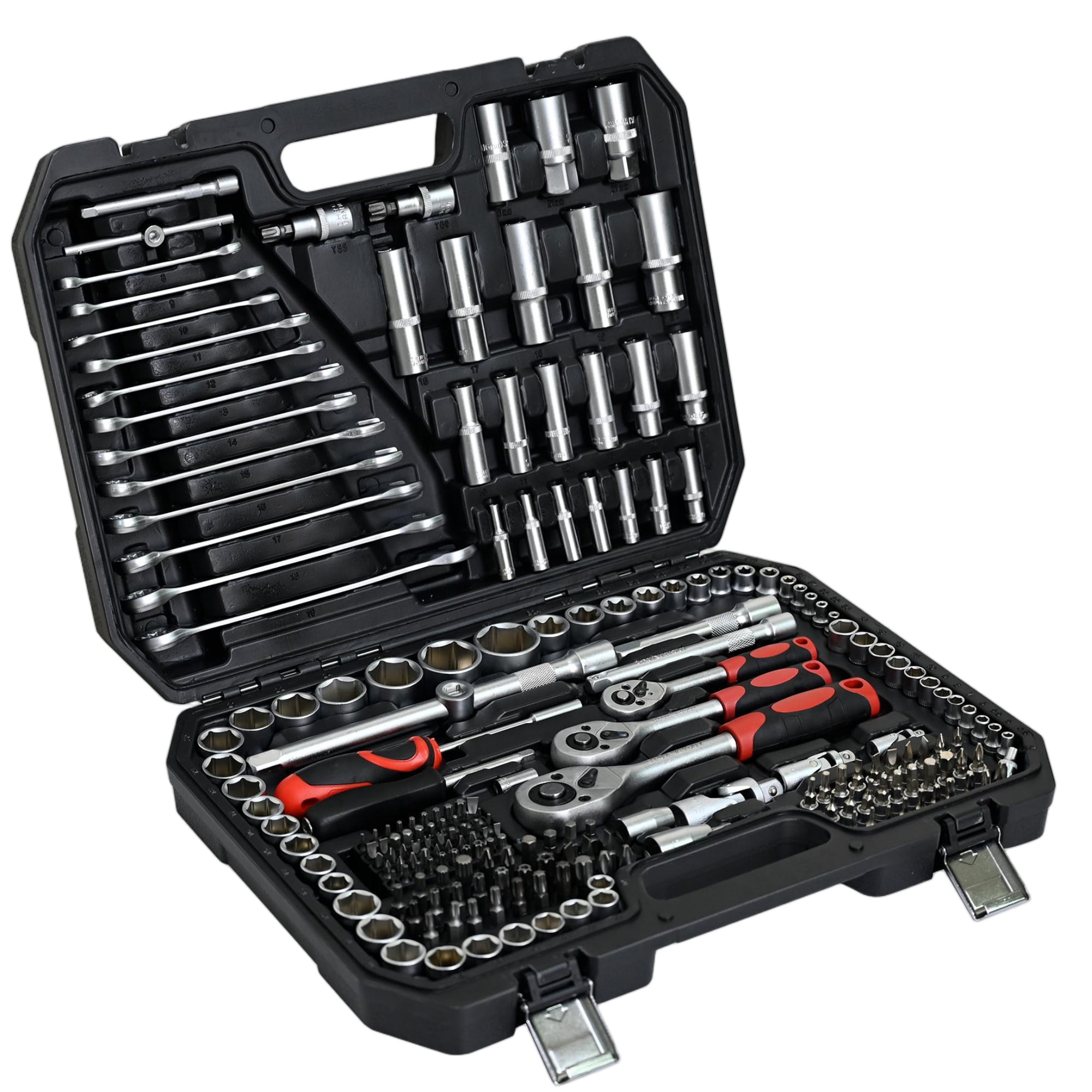 Aukfa 216-Piece Mechanics Tool Set, Socket and Ratchet Wrench, Chrome Finish