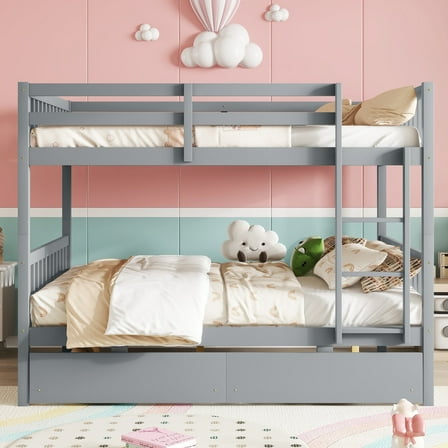 OUDOSPRS Full Over Full Rubber Wood Bunk Bed with 2 Drawers - Convertible to 2 Full Beds with Ladder and Guardrails, Grey