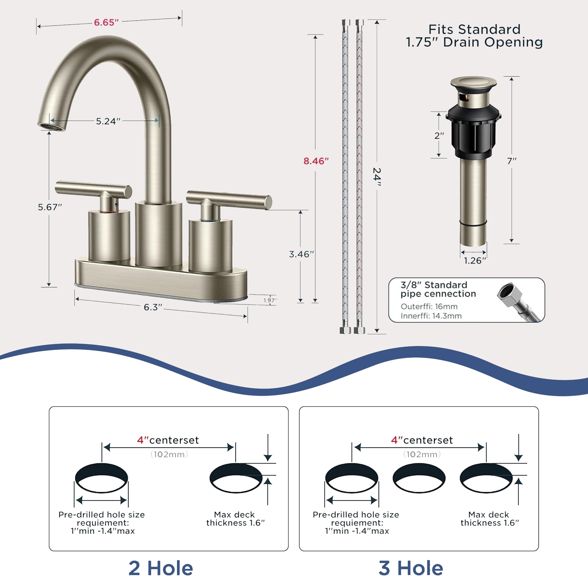 TVOFEK Bathroom Faucet 4 inch Centerset, Brushed Nickel 3 Hole Vanity Sink Faucet with Metal Pop up Drain, SUS316 Stainless Steel