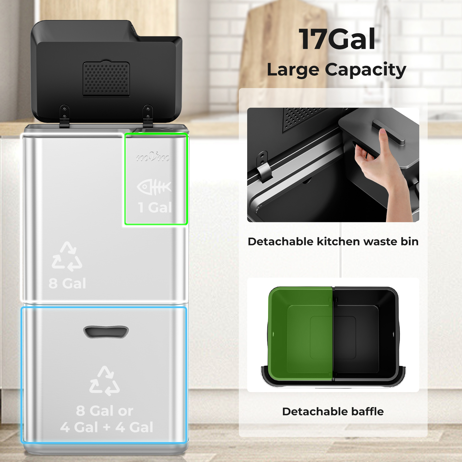 mVm 16 Gal Stainless Steel Trash Can Kitchen, Dual Compartment (8.5Gal+7.5Gal), Heavy Duty Garbage Can for Home Office Yard (Tin)