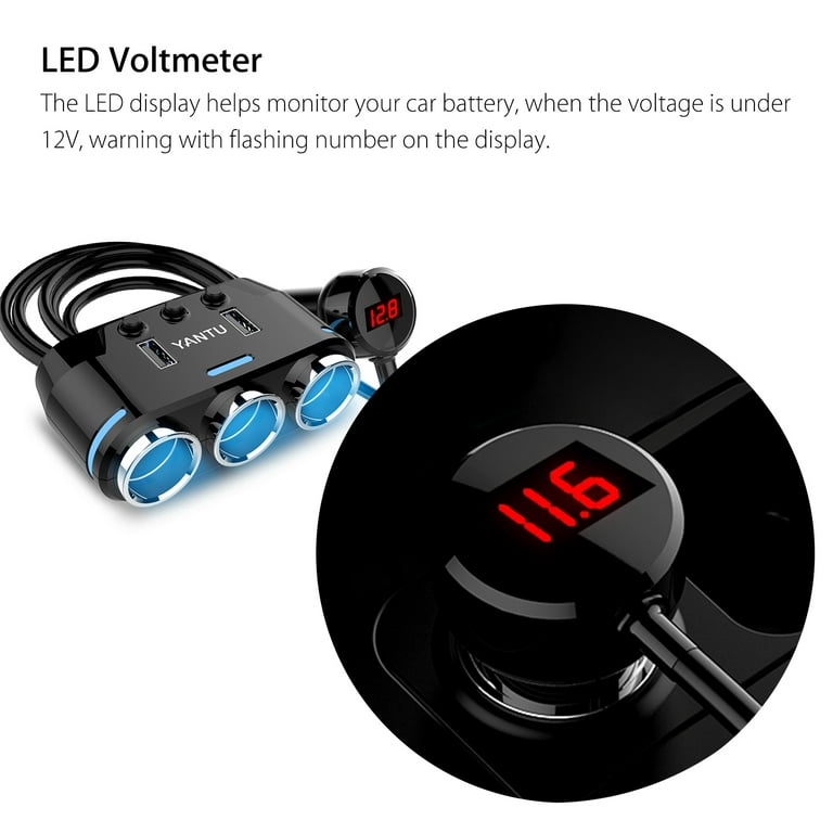 Yantu Cigarette Lighter Adapter, Car Charger Adapter 3 Socket Cigarette Lighter Splitter with LED Voltage Display Dual USB Car Charger On/Off