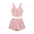 thumbnail image 5 of TEAJOPSUU Women Summer 2 Piece Outfits Sleeveless V Neck Button Down Spaghetti Strap Crop Vest Tops High Waisted Pleated Shorts Sets Casual Matching Sets Pink, 5 of 5
