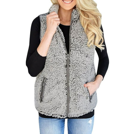 Starvnc Women Fuzzy Sleeveless Lapel Collar Solid Color Pocket Winter Vest