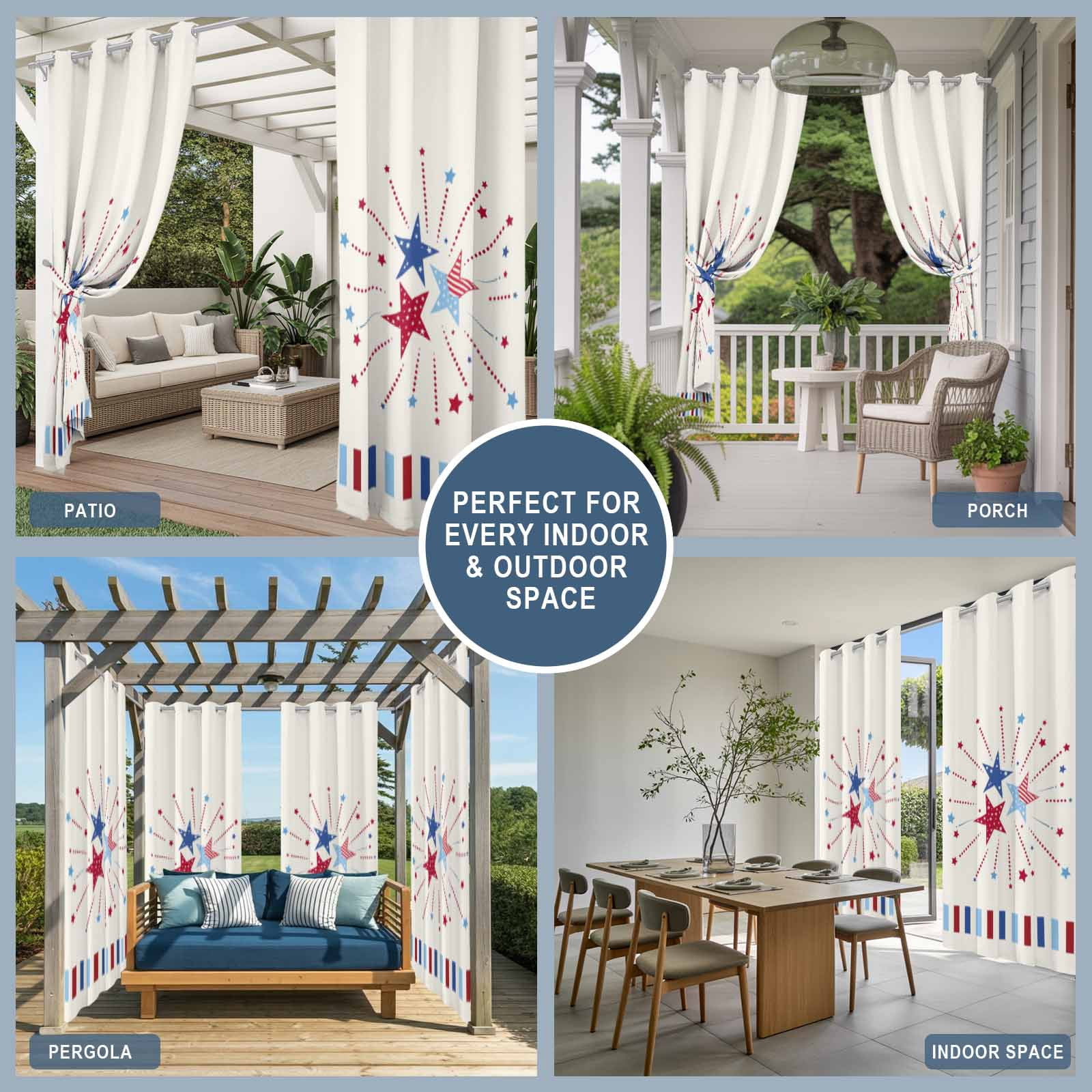 Independence Day Stars Outdoor Curtains for Patio, Modern Abstract Red Blue Stripes Stars Linen Texture Sunshade Privacy Drapes Grommet Waterproof Outside Curtains for Porch Balcony 54"x84", 1 Panel