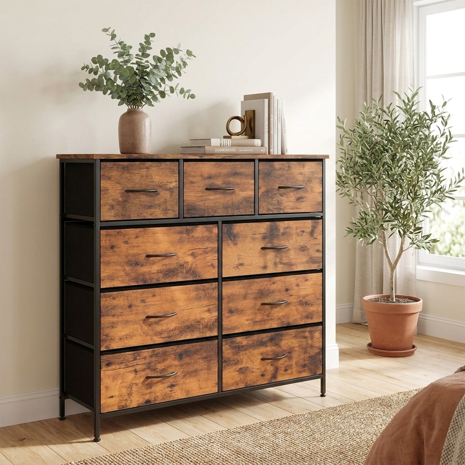 Furnibear 9-Drawer Fabric Dresser with Wooden Top for Bedroom for Bedroom Closet Living Room Nursery Clothes Storage, Rustic Brown