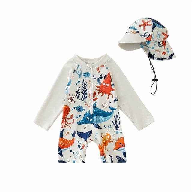 Long Sleeve Swimsuit for Boys Half Zip Conjoined Printed Swimsuit with Hat 0M 5T