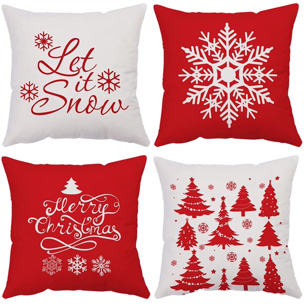 Juego de 4 fundas decorativas para cojines Feliz Navidad Vacaciones Fundas de almohada de terciopelo Árboles rojos Copos de nieve Fundas de cojines para sofá al aire libre y protectores de almohada p JAMW Sencillez