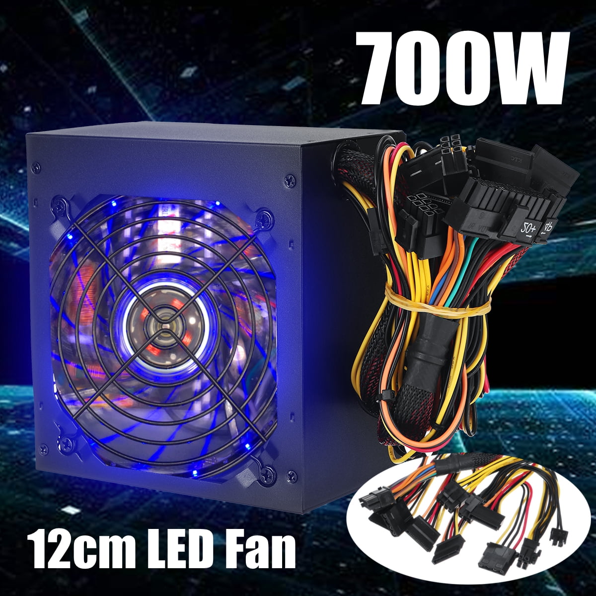 700W Power Supply 12cm Blue LED Fan 24 Pin PCI SATA 12V Computer Power