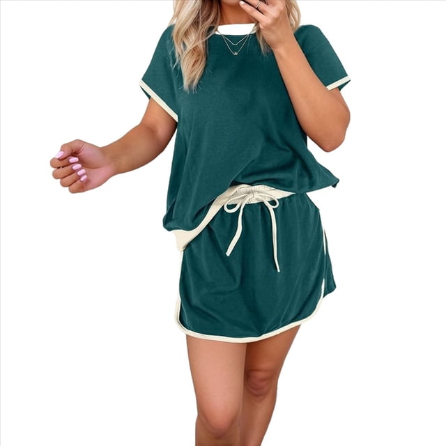Conjunto de Dos Piezas para Mujer, Jersey Informal de Corta, Pantalones Cortos A Juego, Chándal, Verde, Talla M